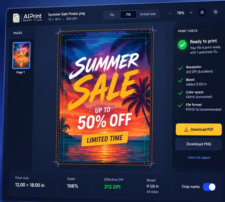 AI Print Ready Files workbench inspecting a summer sale poster with print-ready checks