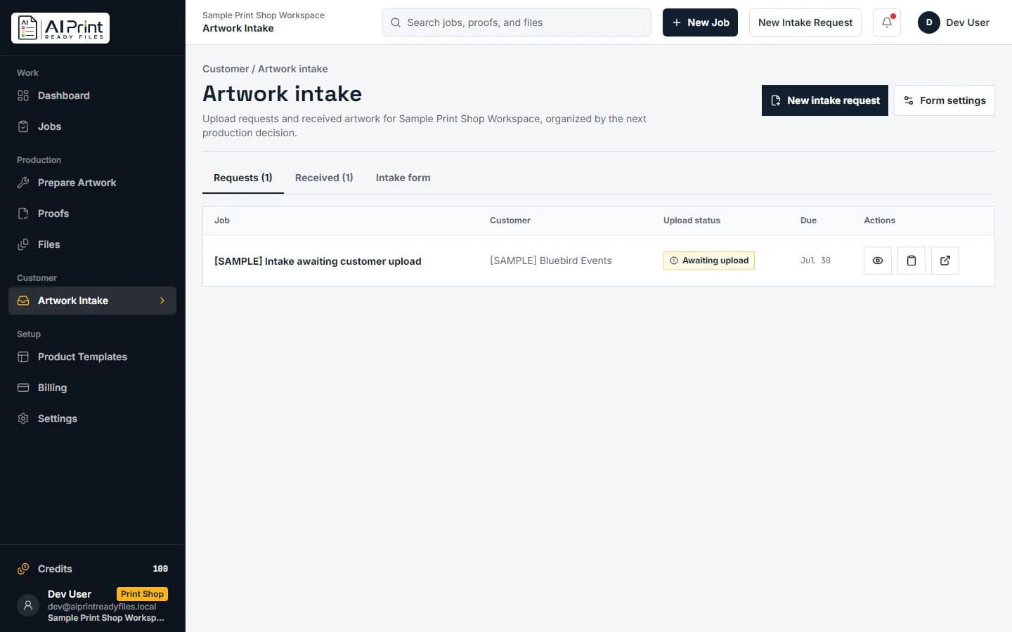 Artwork intake workspace showing customer upload requests and file status