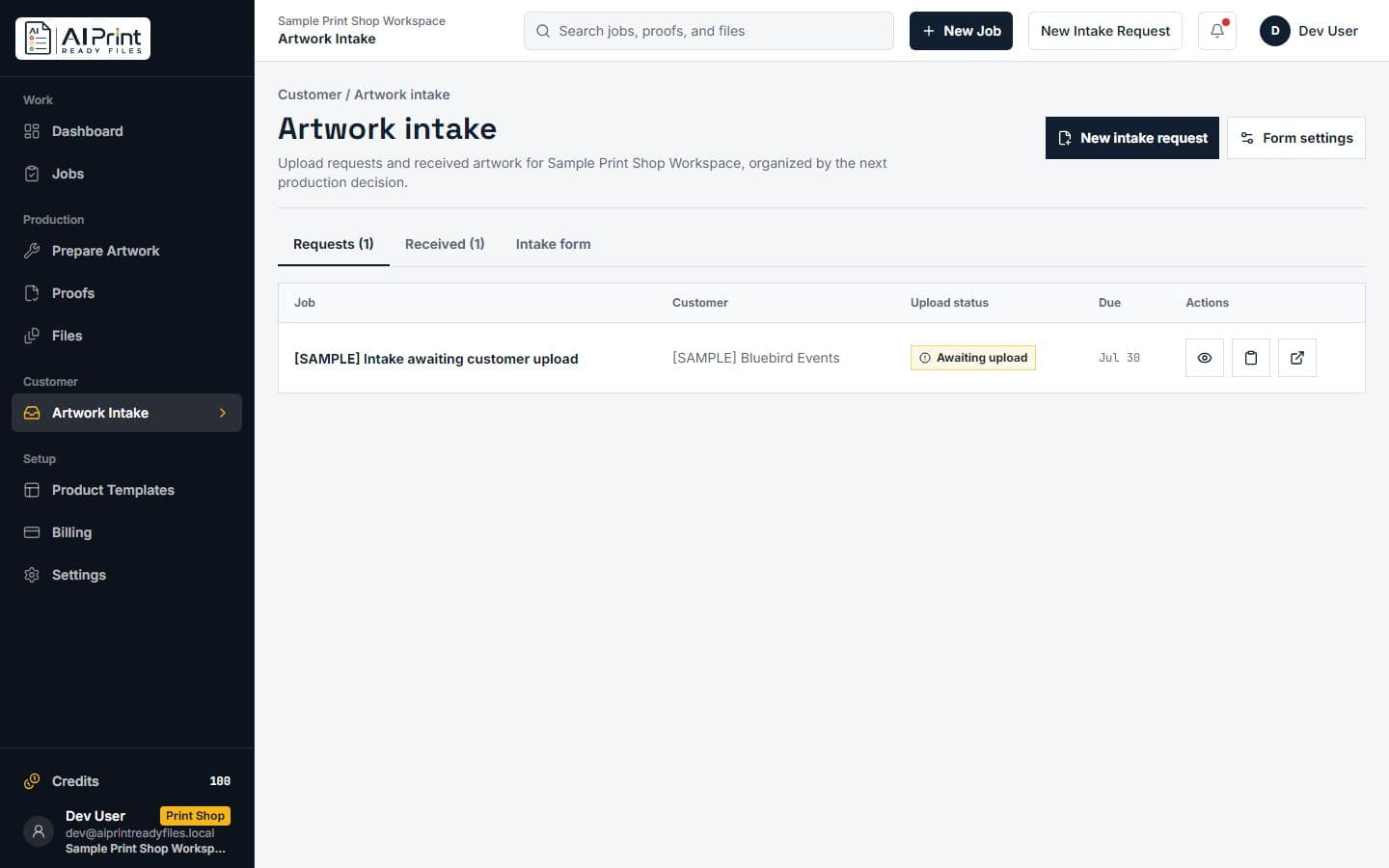 Artwork intake workspace showing customer upload requests and file status