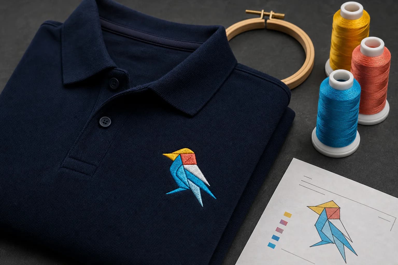 Geometric bird logo embroidered with clean stitches on a navy polo