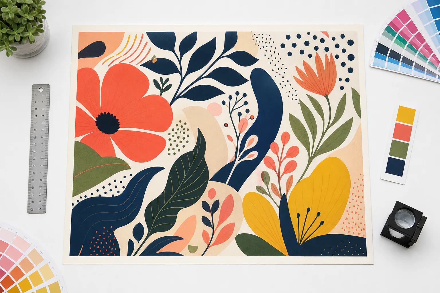 Original poster artwork staged with print measurement and color reference tools