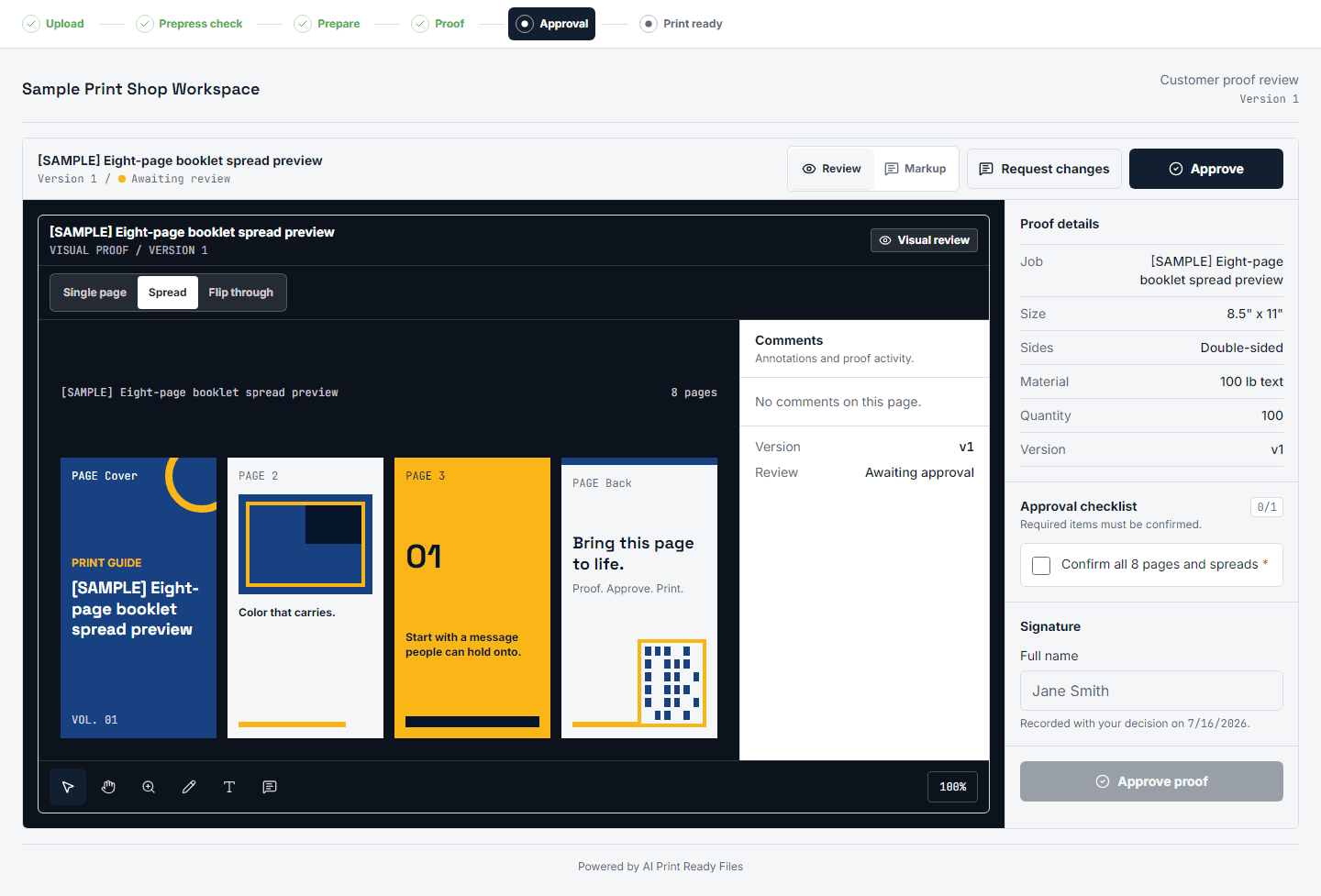 Approve the named revision, not an email attachment. Customer reviewing a multipage booklet proof with comments and approval controls