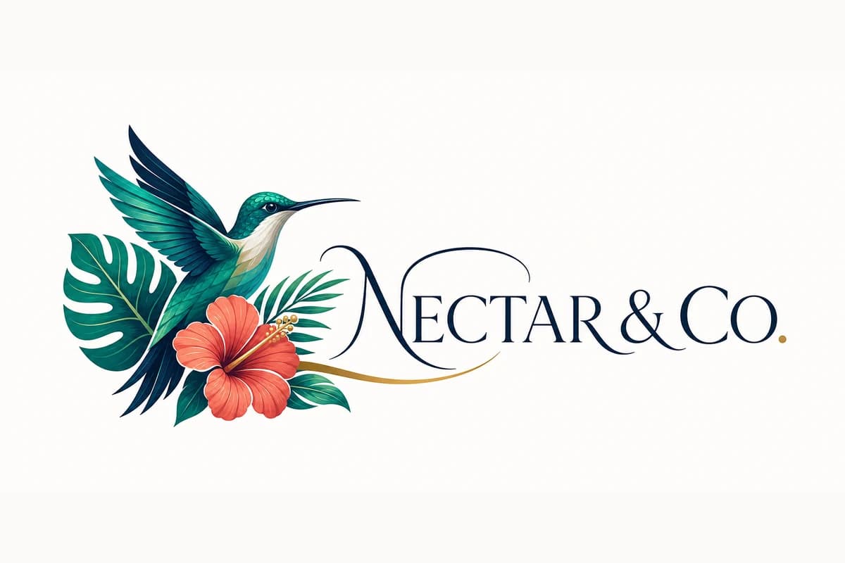 Complex NECTAR & CO. logo with custom lettering, a hummingbird, tropical leaves, controlled gradients, and flower shading Complex NECTAR & CO. logo with custom lettering, a hummingbird, tropical leaves, controlled gradients, and flower shading