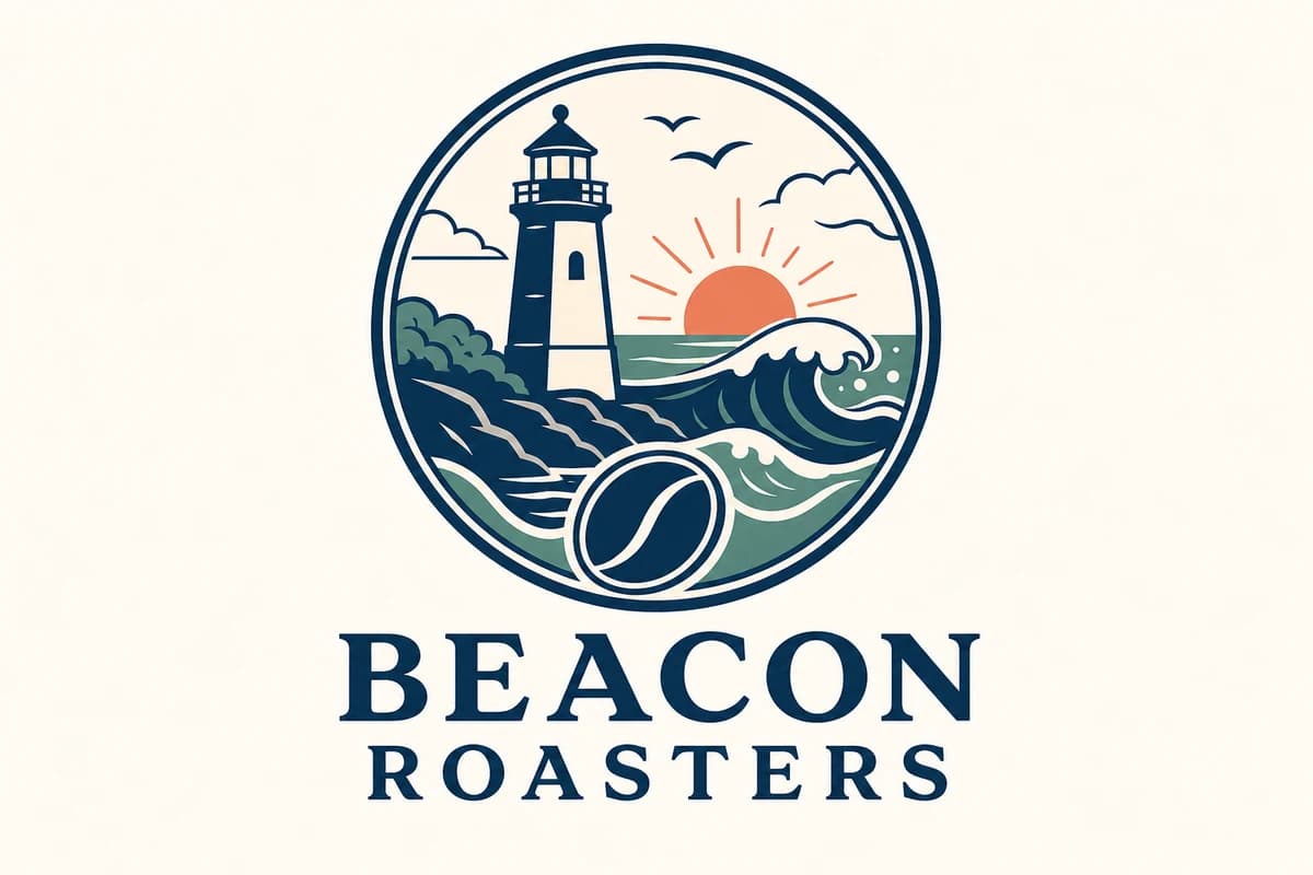 Medium-complexity BEACON ROASTERS badge with a lighthouse, waves, sunrise, and coffee bean Medium-complexity BEACON ROASTERS badge with a lighthouse, waves, sunrise, and coffee bean