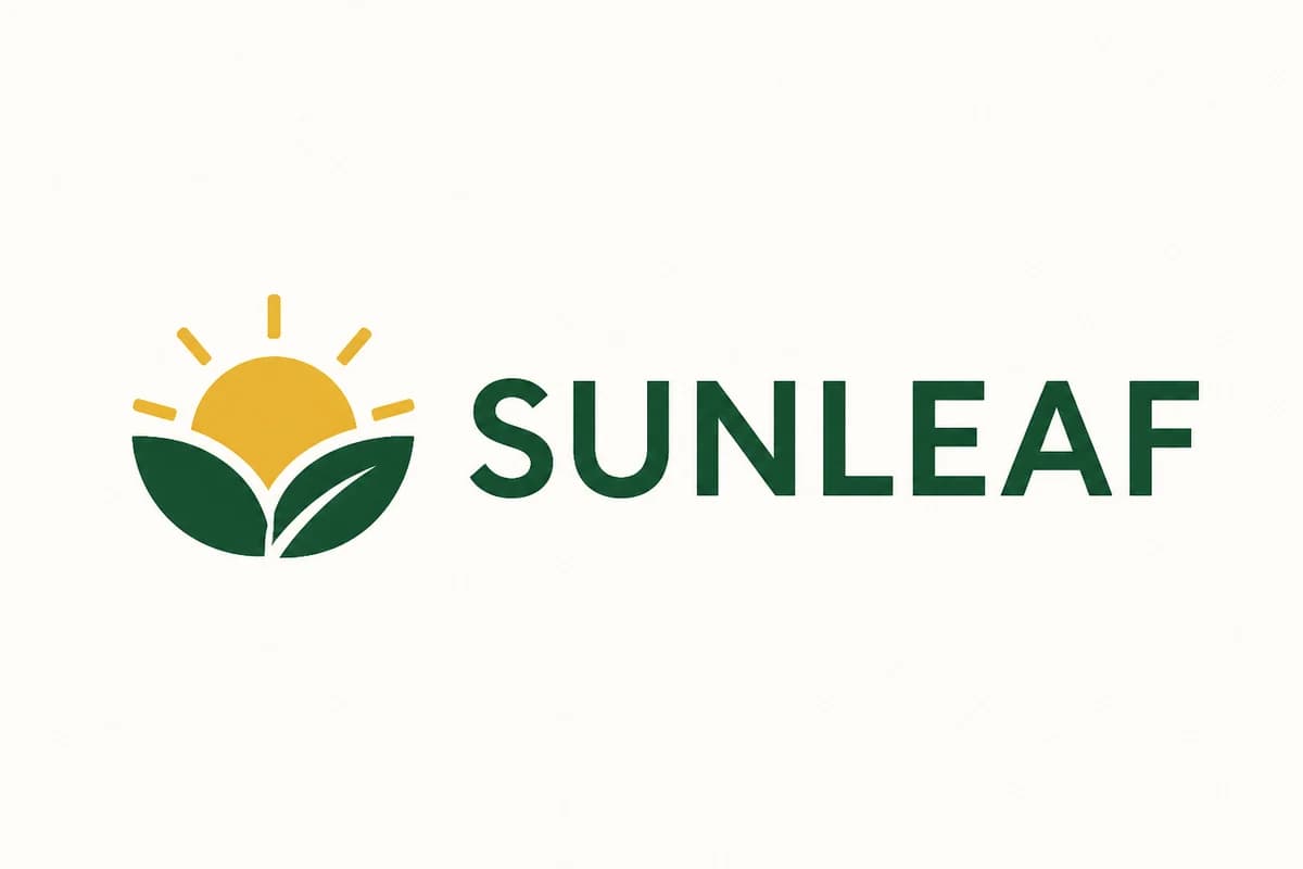 Simple two-color SUNLEAF wordmark with a clean sunrise and leaf symbol Simple two-color SUNLEAF wordmark with a clean sunrise and leaf symbol